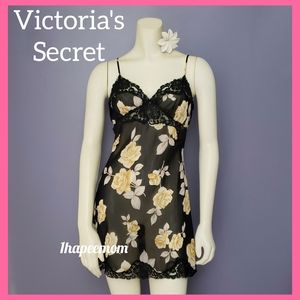 Victoria's Secret Sheer Black Slip Yellow Roses